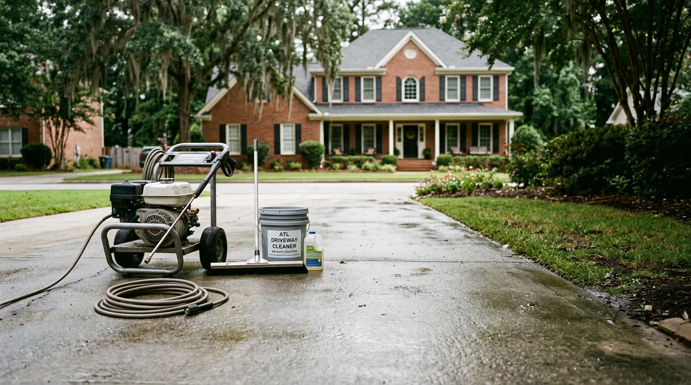 Clean concrete driveway after professional pressure washing