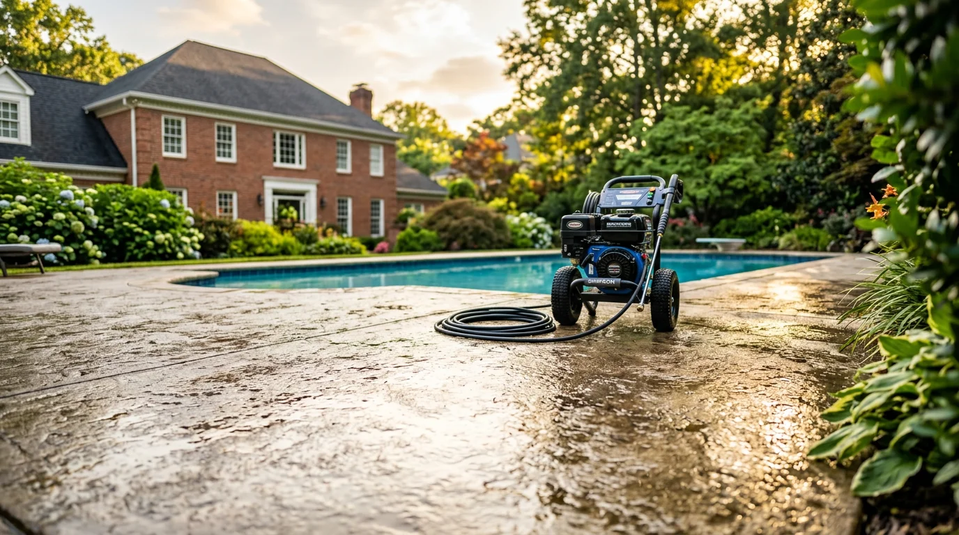 Clean pool deck area after professional pressure washing