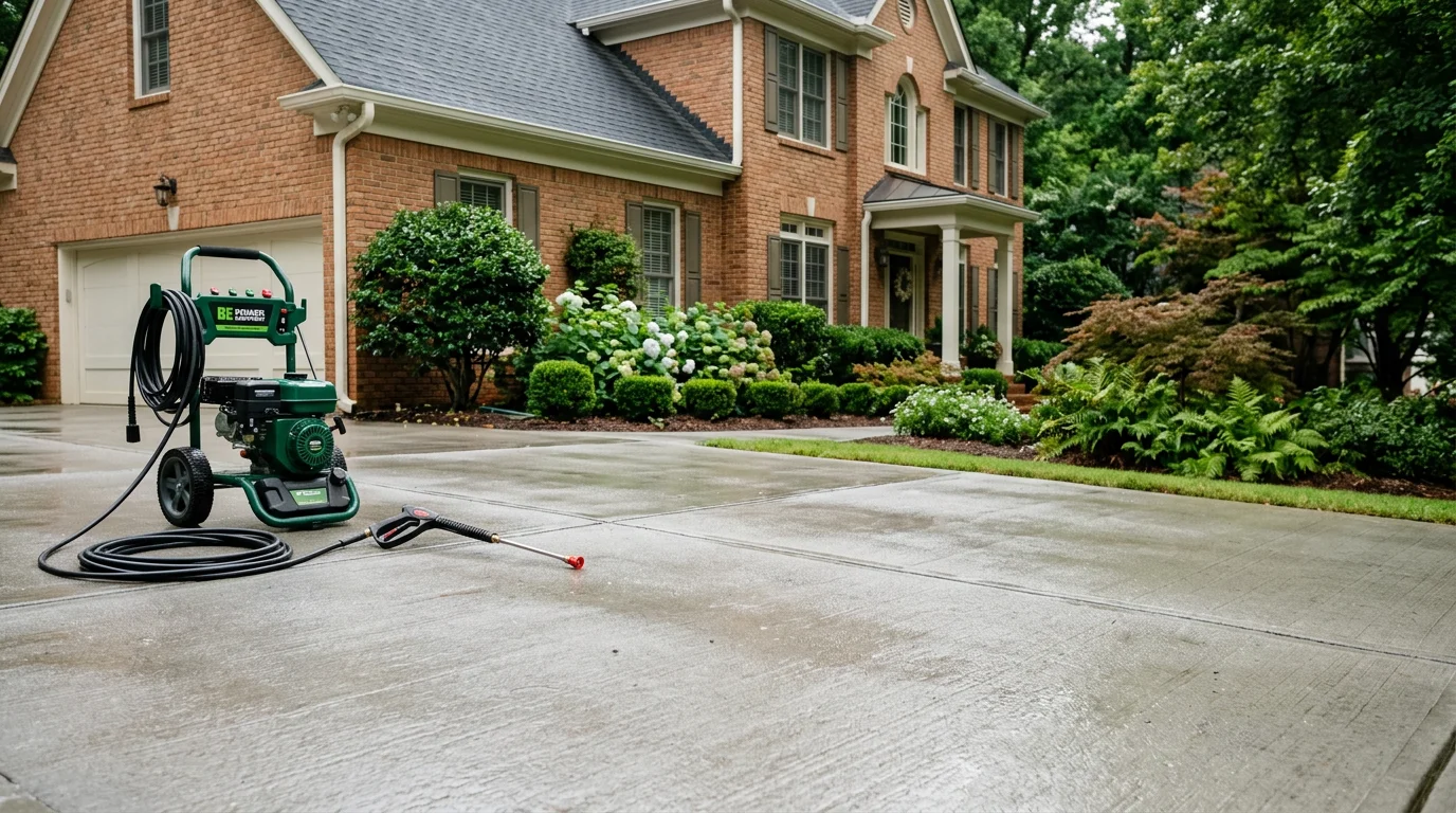 Professional pressure washing equipment cleaning a residential driveway
