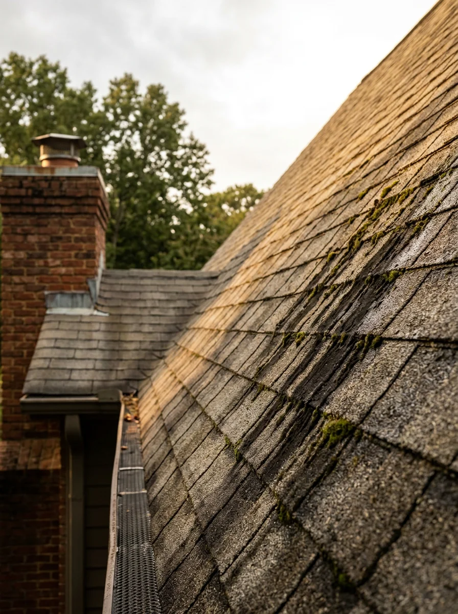 Moss and algae removal from a roof in Alpharetta, Georgia showing humidity-related growth