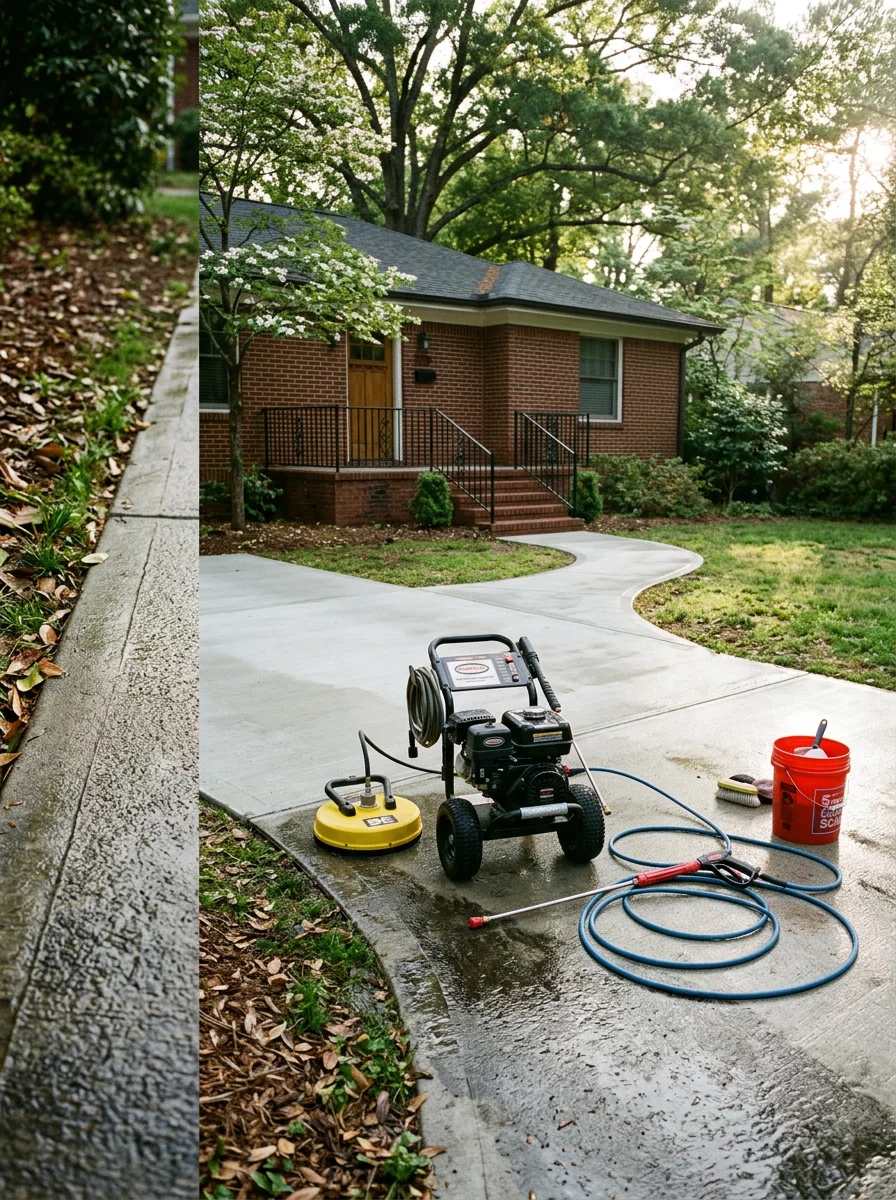 Pressure washing a concrete driveway and walkway at an Atlanta residence