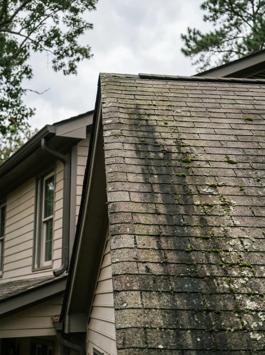 Braselton roofline with moss and algae growth typical of humid Northeast Georgia climate