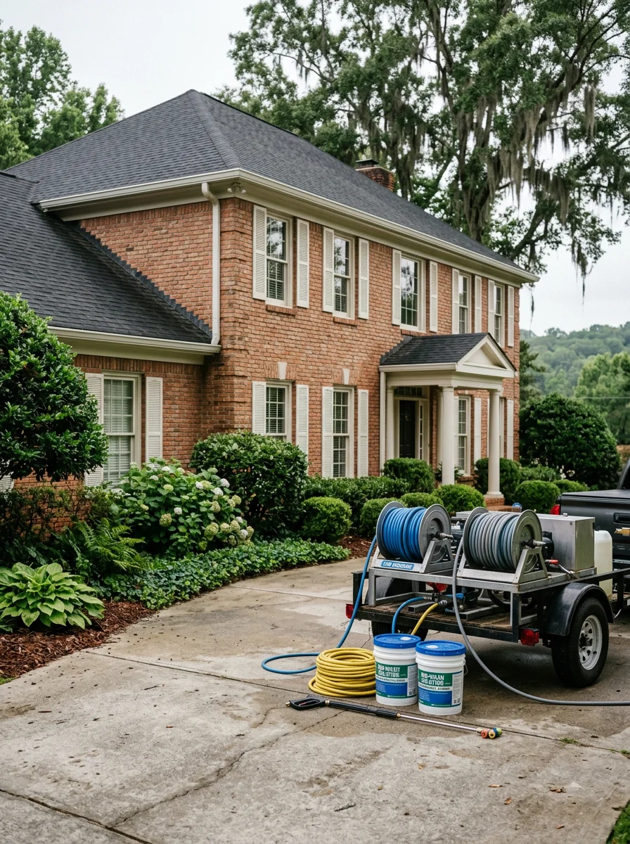 Soft washing a brick home exterior in Buford with mature oak trees and rolling terrain in background