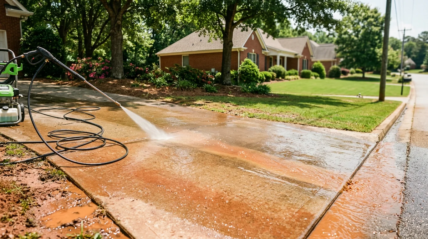 Pressure washing a clay-stained concrete driveway in Buford, GA with red clay soil visible in runoff