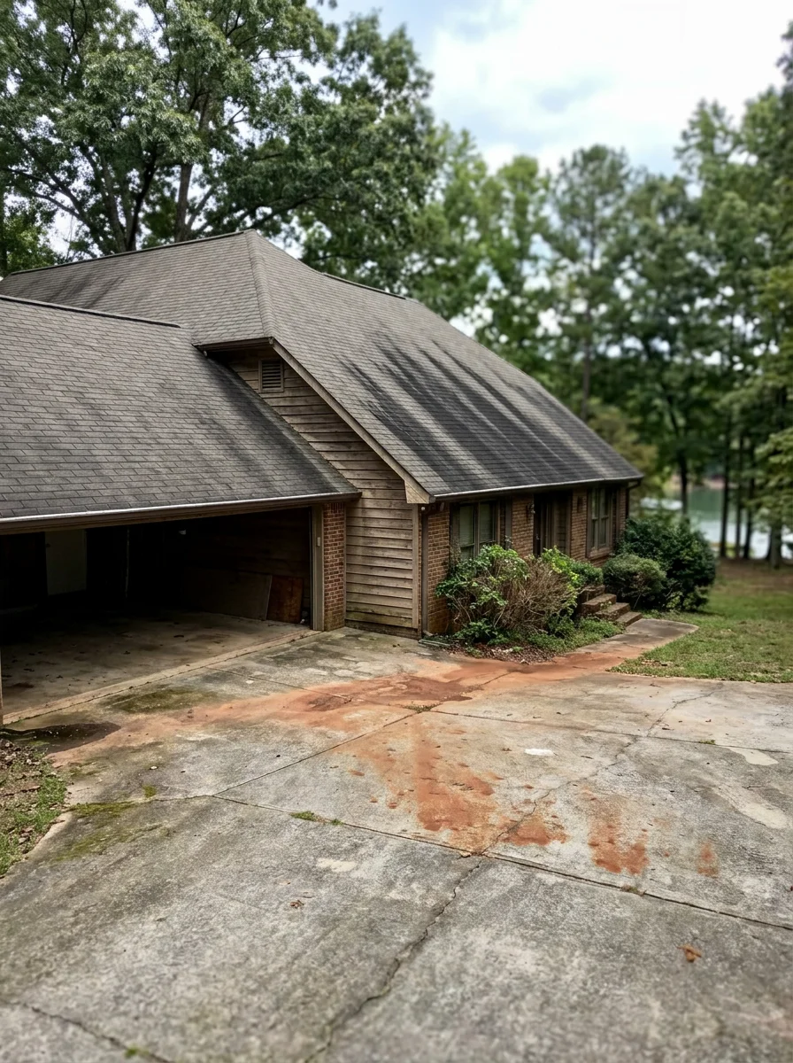 Portrait view of an older lake-adjacent home in Cumming, GA near Lake Lanier showing heavy black algae streaking on the asphalt shingle roof and red clay staining on the concrete driveway.