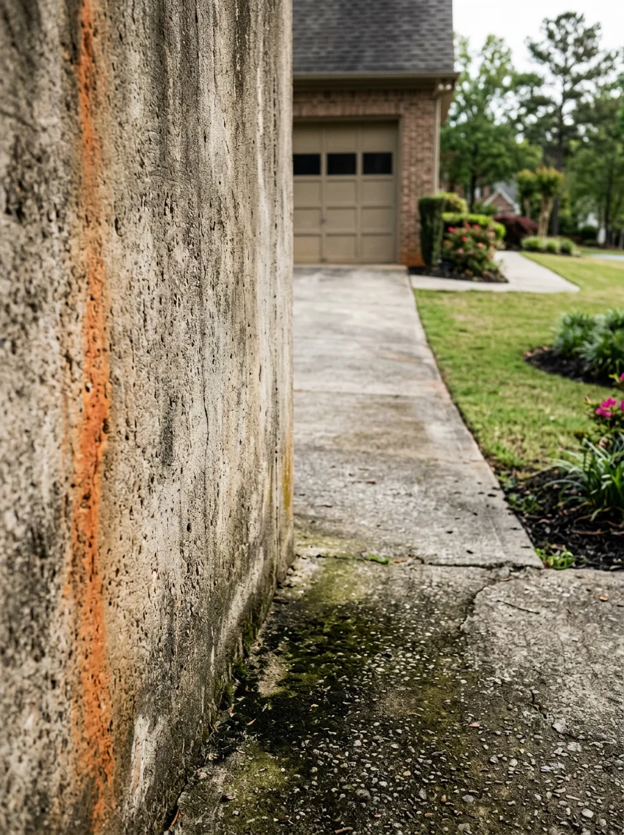 Close-up portrait of a concrete driveway in a Duluth, GA subdivision showing orange-red clay staining along the edges and algae growth near the garage apron.