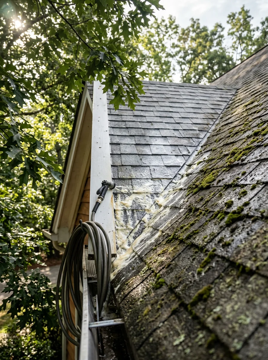 Soft washing roof covered in moss and algae in humid Flowery Branch climate