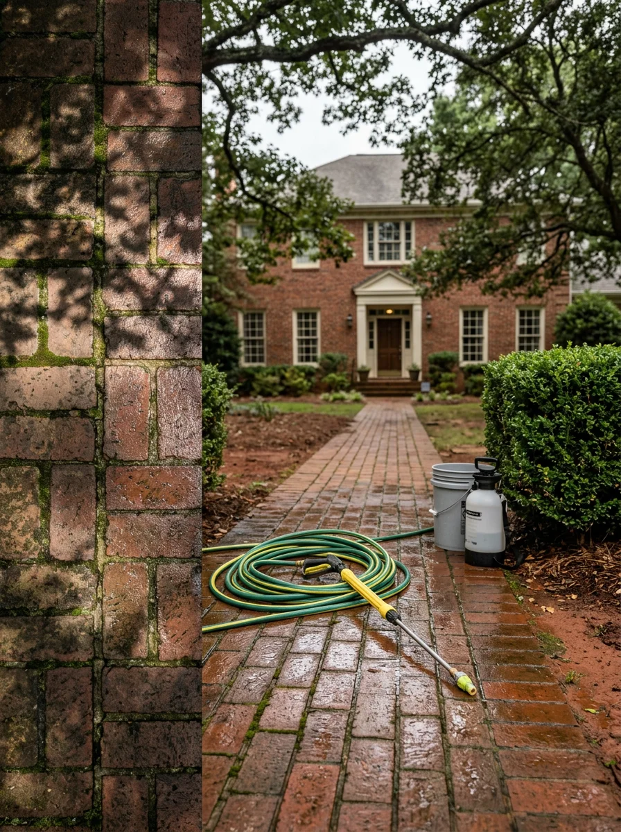 Soft wash cleaning a brick walkway at an older home in Atlanta, Georgia