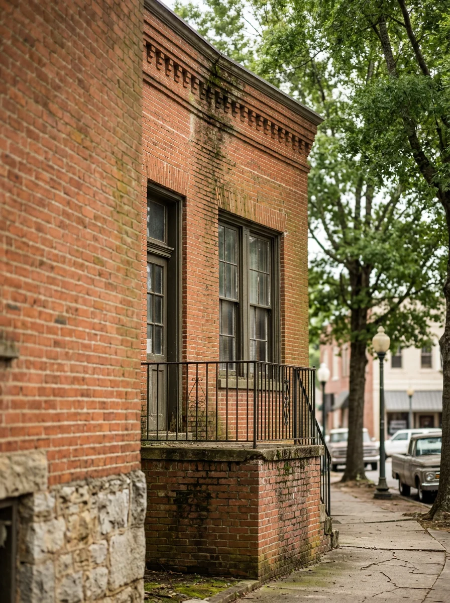 Portrait view of a historic brick home in downtown Gainesville, GA showing mildew staining on the mortar joints and green algae growth on the shaded north-facing exterior wall.