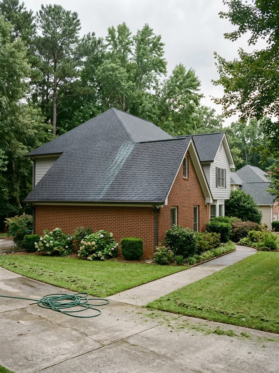 Soft washing a residential roof with algae streaks in Lilburn, Georgia