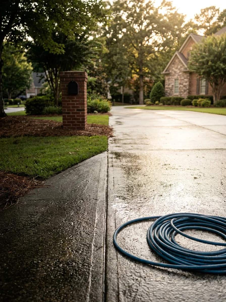 Driveway cleaning service removing dirt and algae stains from concrete in a Johns Creek neighborhood