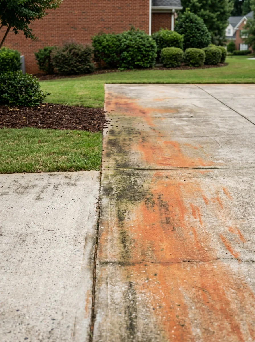 Portrait view of a Lawrenceville, GA residential driveway with orange-red clay staining on the concrete surface and algae growth along the edges near landscaped beds.