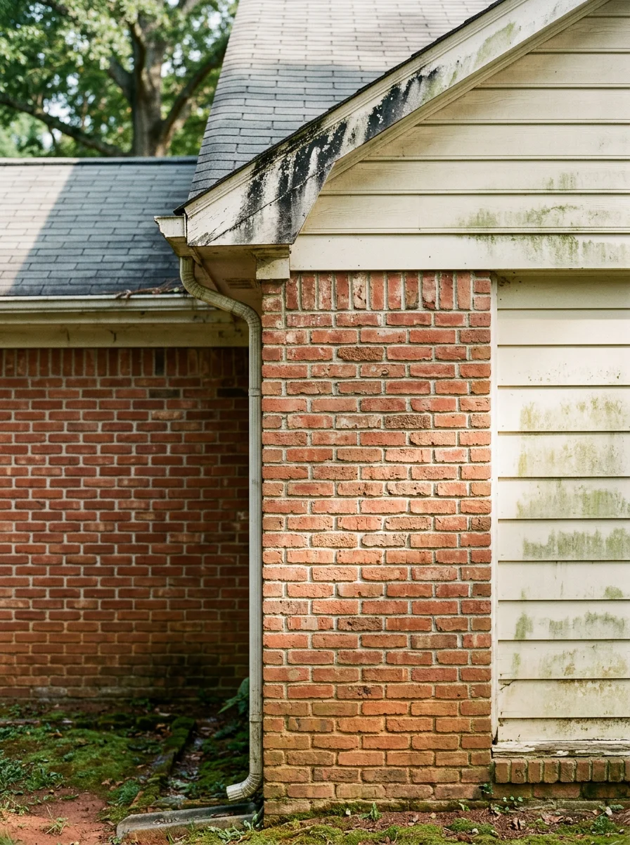 Close-up portrait of a Metro Atlanta brick home exterior showing black algae streaks on the roof and mildew on the north-facing siding before soft washing treatment.