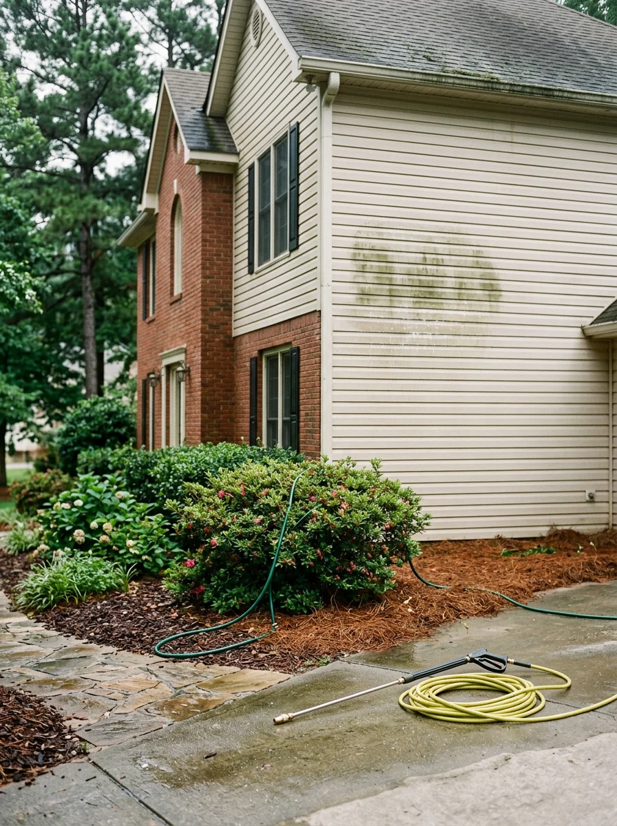 Soft washing a home exterior with algae and moss removal in Norcross, Georgia