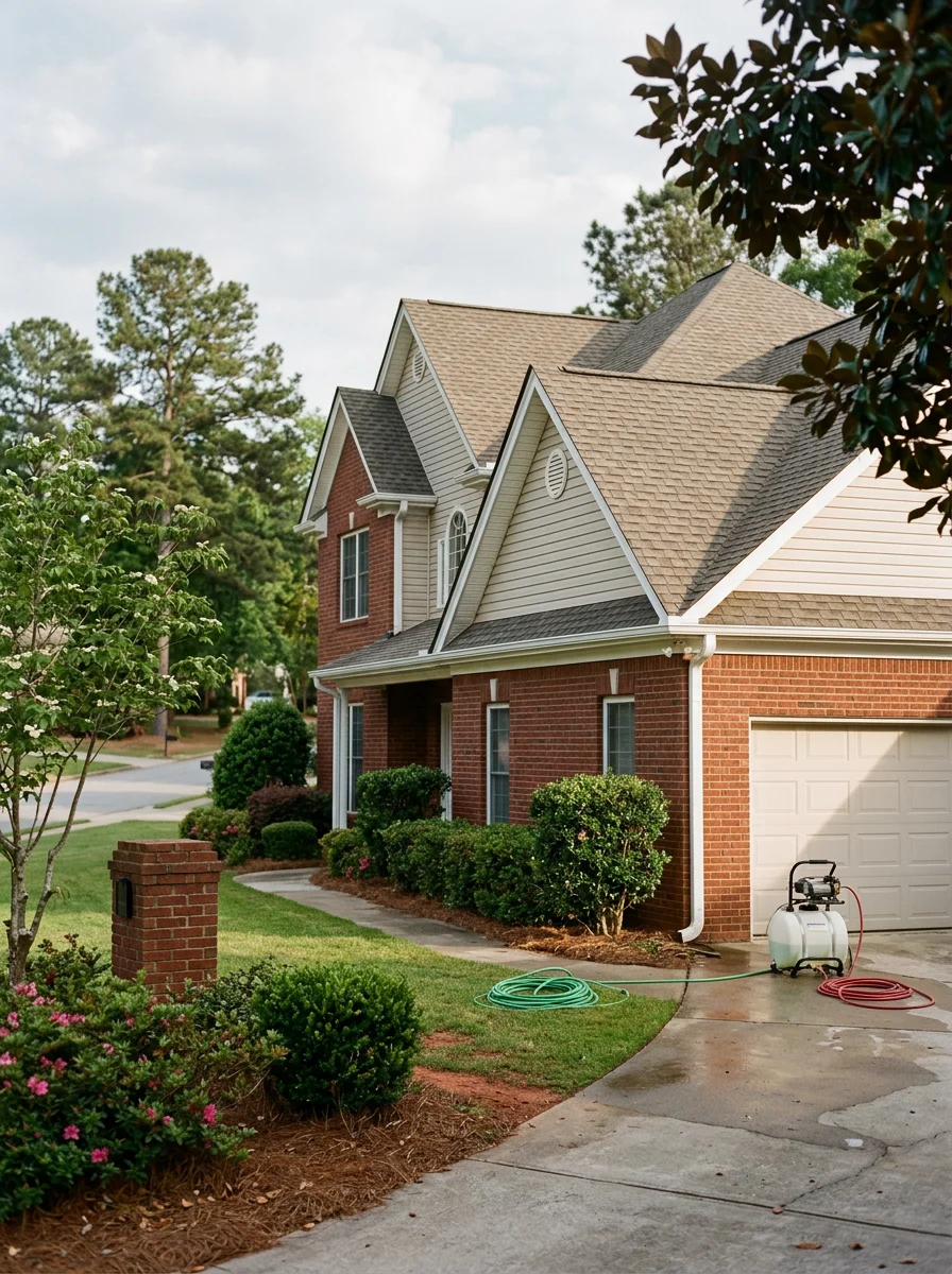 Soft wash cleaning of a home roof and gutters in Oakwood, Georgia