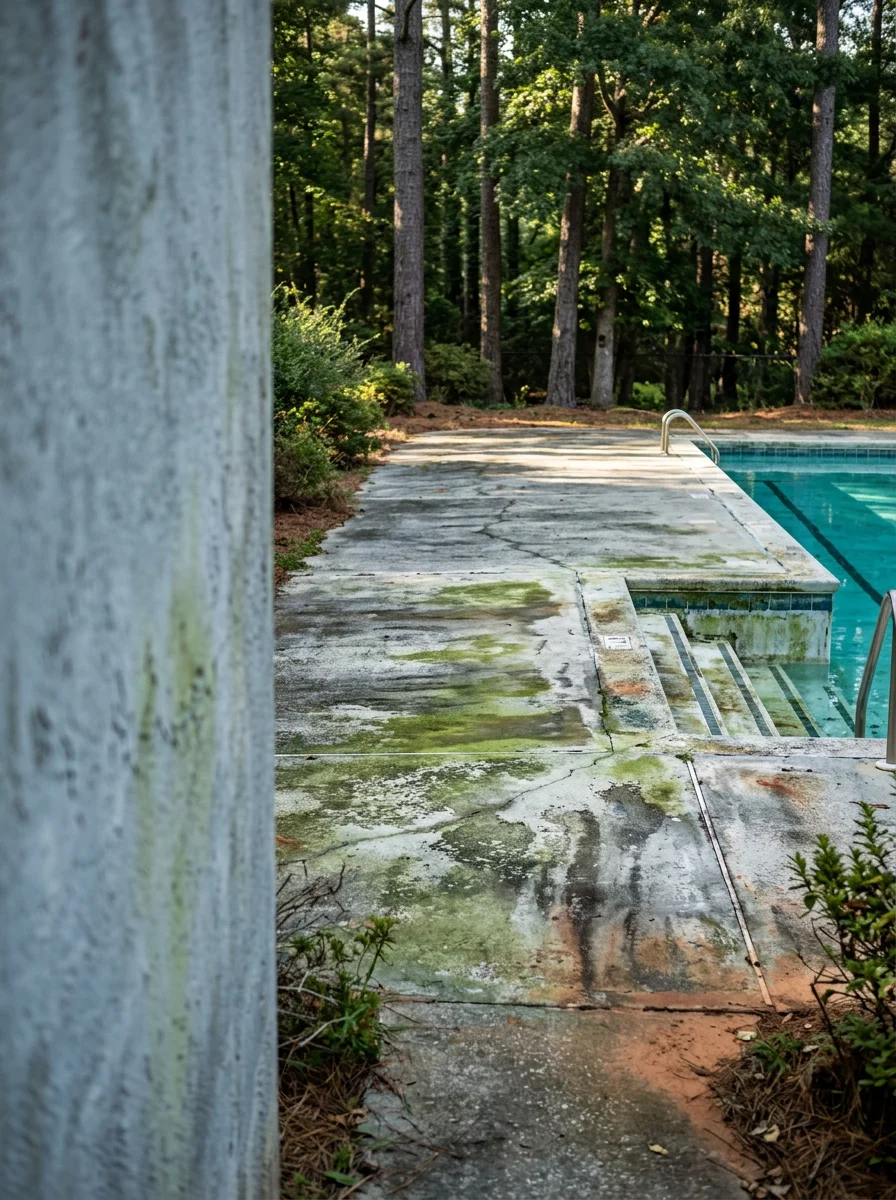 Portrait view of a swim-tennis community pool deck in Peachtree Corners, GA showing green algae growth on the concrete surface around an in-ground pool with a wooded lot backdrop.