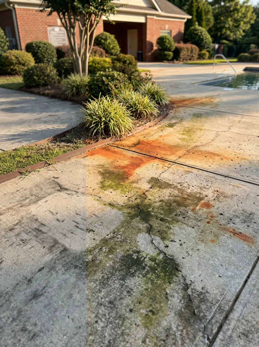 Portrait view of a Sugar Hill, GA swim-tennis community pool deck with green algae growth on the concrete surface and red clay staining on the adjacent sidewalk near a landscaped bed.