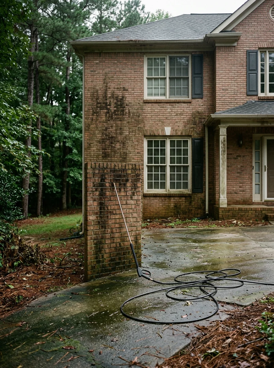 Portrait view of a Suwanee, GA 1990s-era brick home with mildew staining on the shaded north-facing exterior wall and algae growth on the concrete driveway near a wooded lot line.