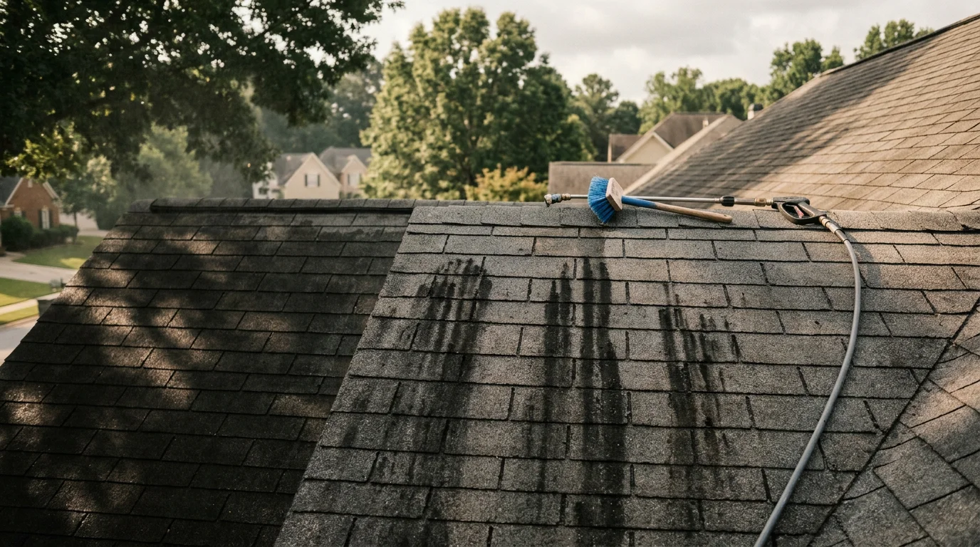 A Metro Atlanta residential roof with dark algae streaks running down asphalt shingles before professional low-pressure algae removal. The surrounding yard shows typical North Georgia tree cover that contributes to shaded, moisture-prone roof surfaces.
