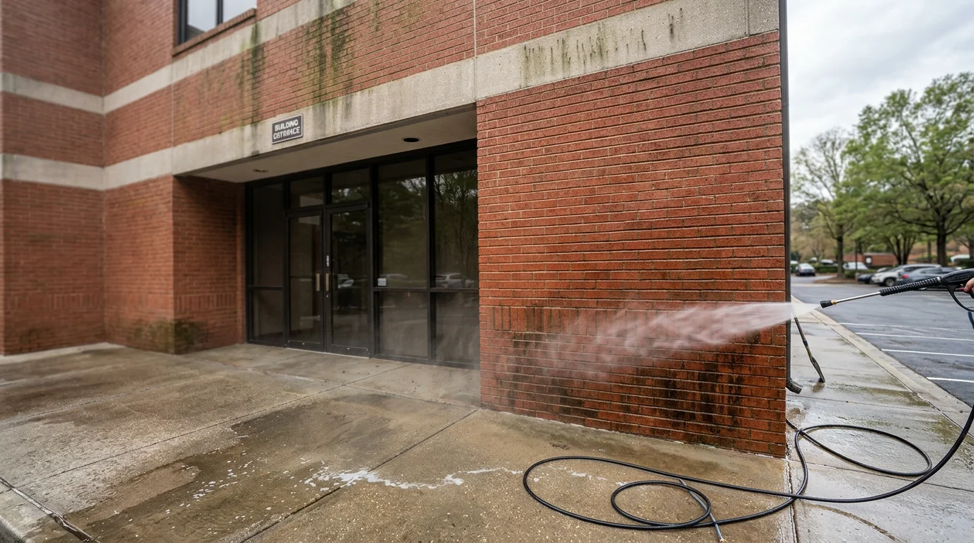 Commercial building exterior in Metro Atlanta after pressure washing, showing a clean brick facade and entry area free of mold streaks, pollen film, and clay staining. Lucas Management LLC commercial building cleaning service result in the Gwinnett County area.