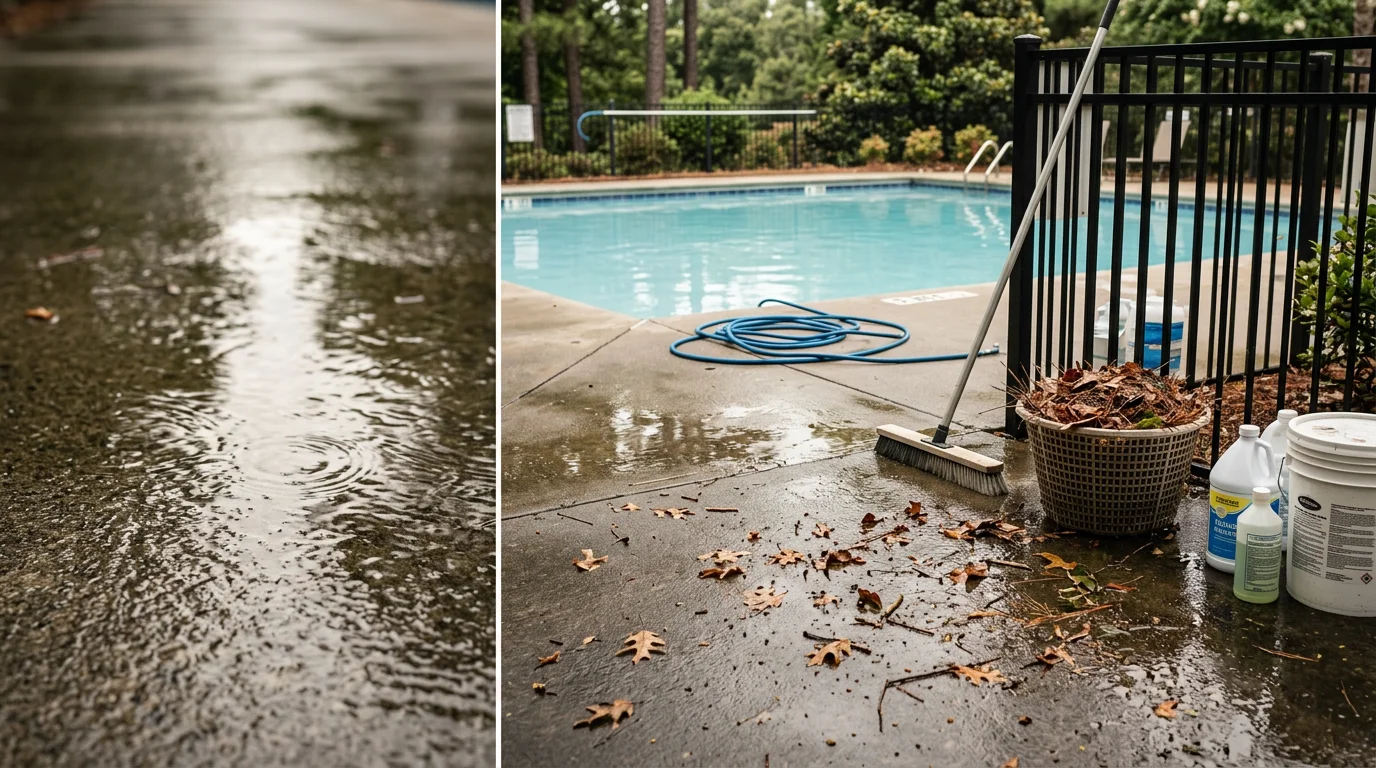 A clean commercial pool area at a Metro Atlanta HOA community, with clear water, debris-free surrounds, and well-maintained surfaces on a bright Georgia day.