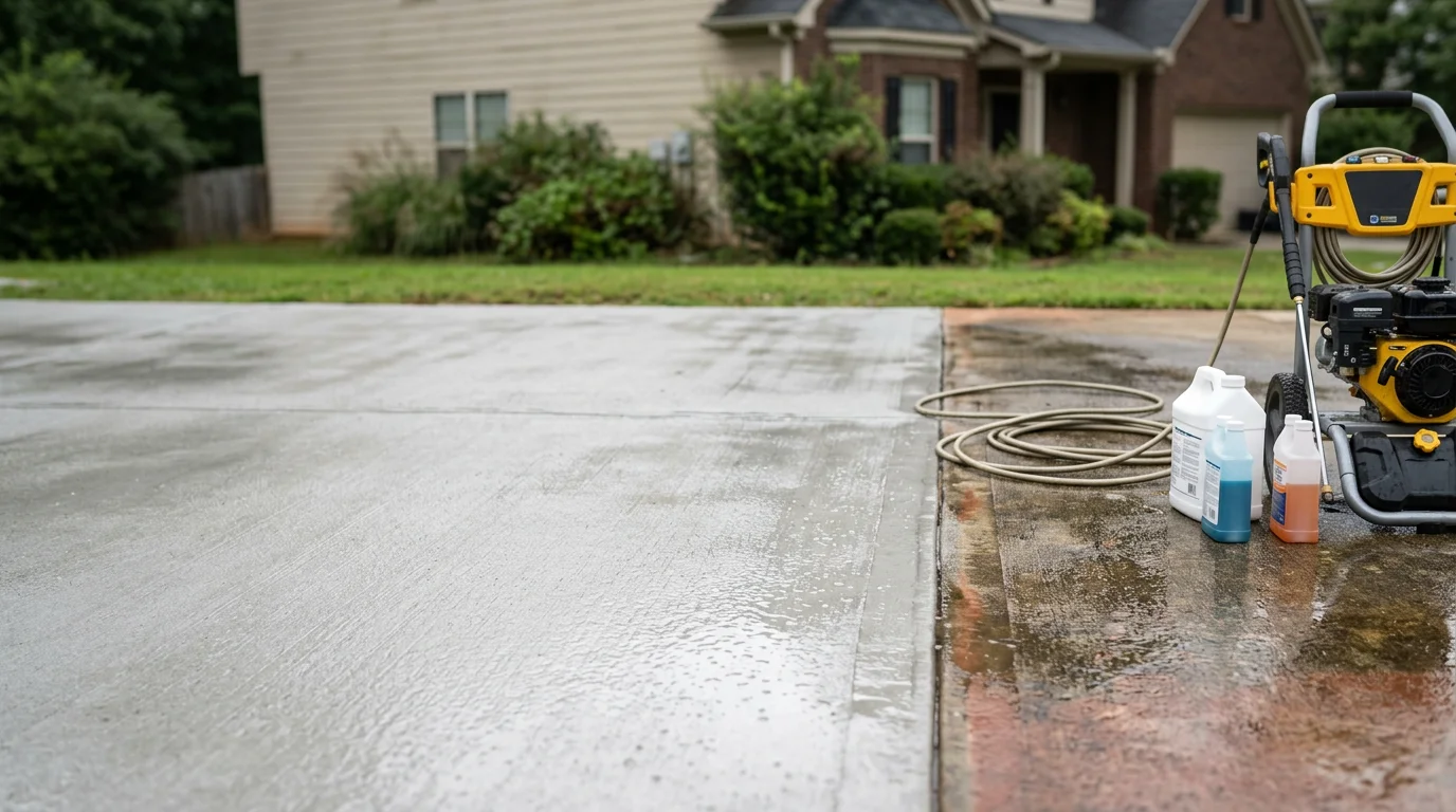 A concrete driveway in Metro Atlanta shown after professional cleaning, with dark organic staining and red clay discoloration removed. The surface appears uniformly bright against a residential backdrop typical of communities like Duluth or Suwanee, Georgia.