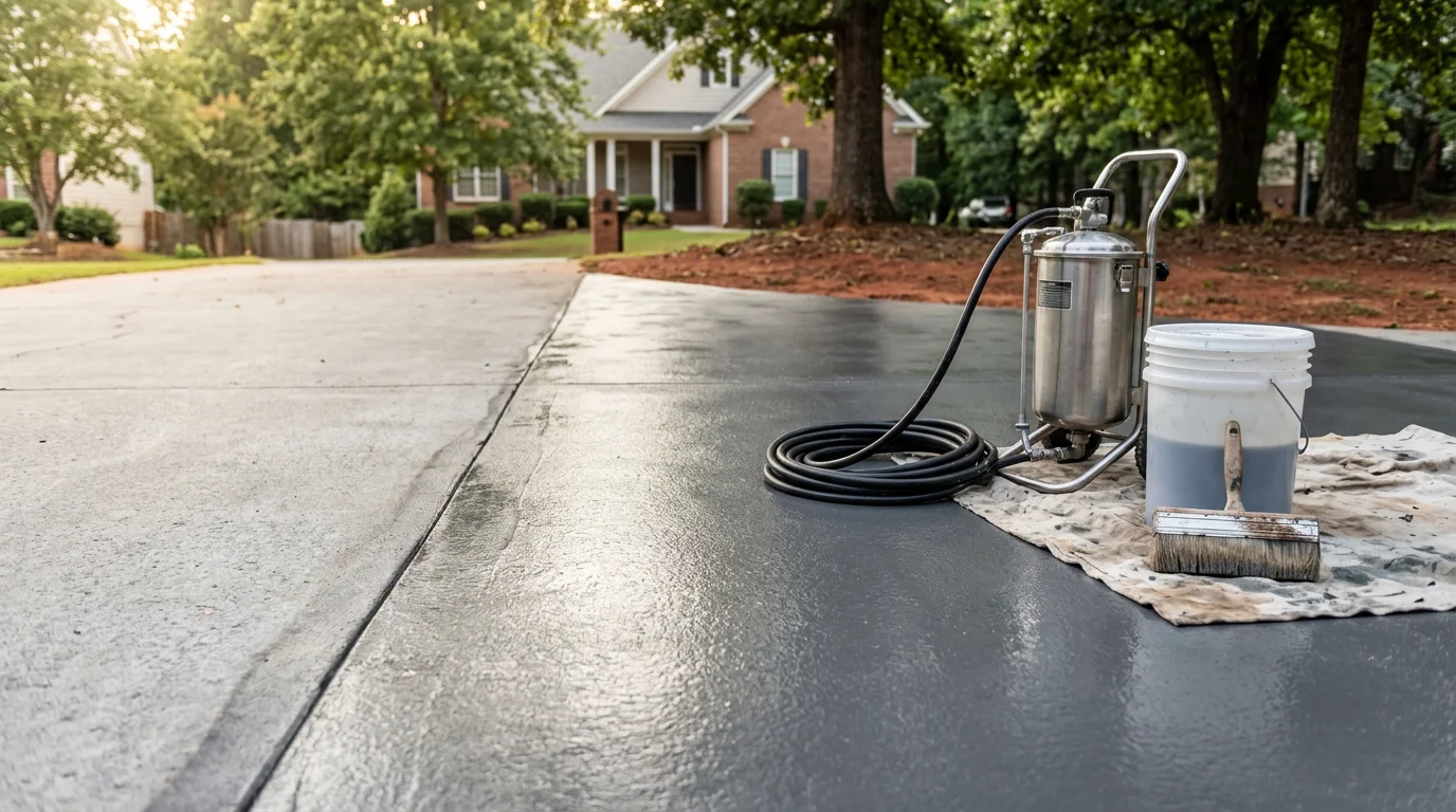 Freshly sealed residential concrete driveway in Metro Atlanta with a clean, even surface finish. The surrounding landscape reflects the North Georgia setting with mature trees and a typical suburban home exterior.