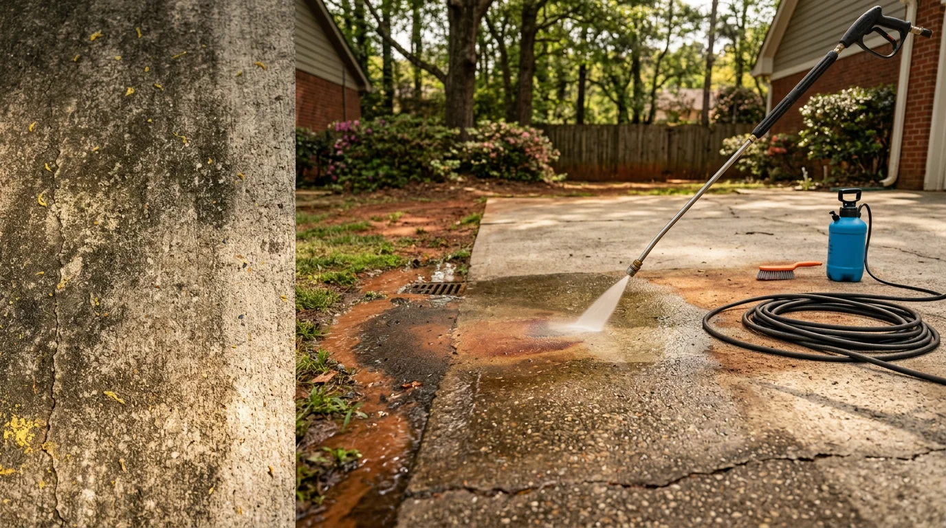 A concrete driveway in Metro Atlanta shown after professional stain removal, with oil and rust discoloration lifted from the surface. The slab shows a clean, even appearance typical of residential properties in the Duluth and Suwanee area.