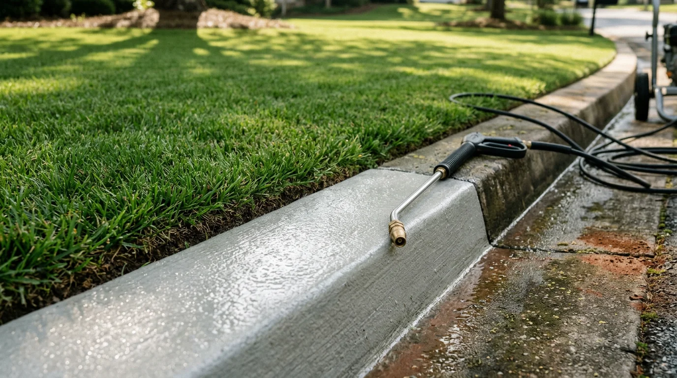 A concrete residential curb in a Metro Atlanta neighborhood after pressure washing, showing clean gray concrete free of dark algae stains and road grime. The cleaned curb line contrasts with the surrounding street surface and green lawn edge.