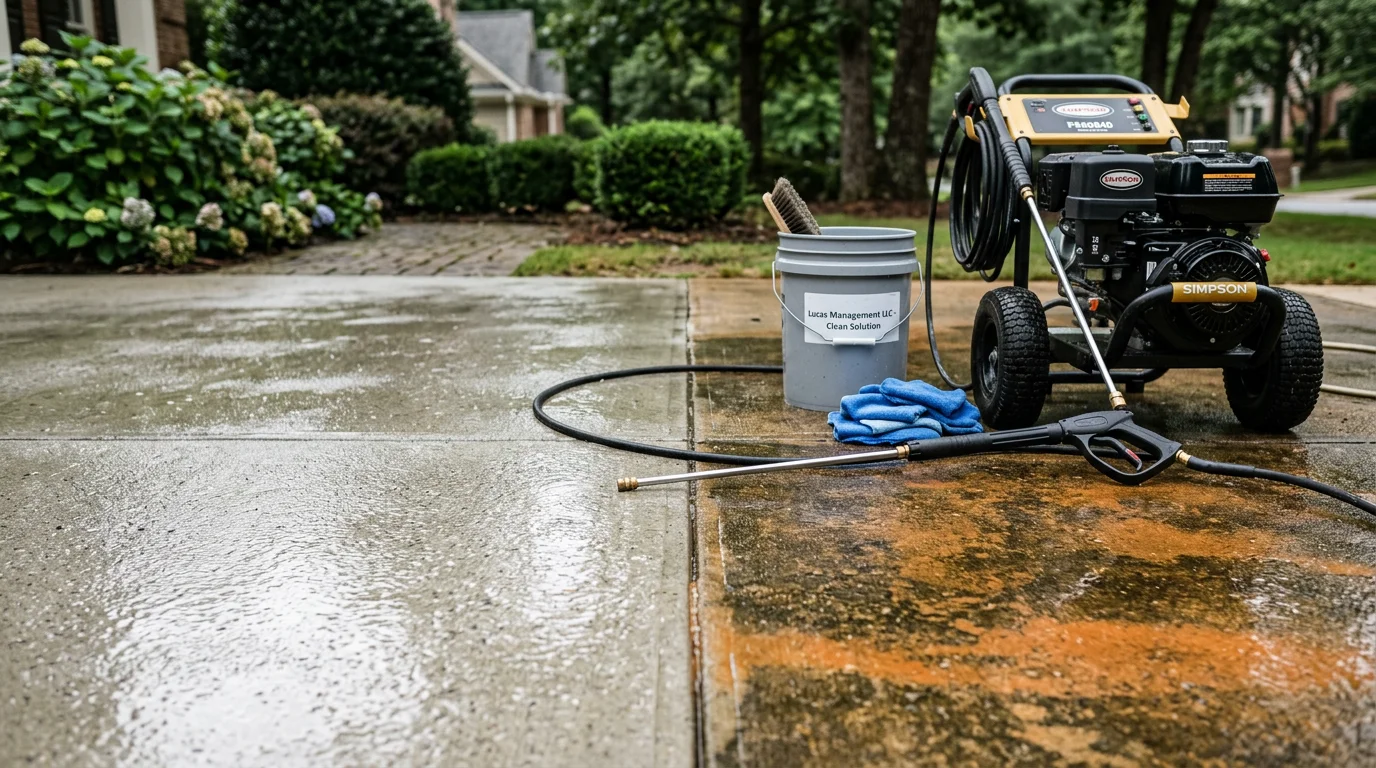 A concrete residential driveway in Metro Atlanta after professional pressure washing, showing clean, stain-free surface with red clay and mold buildup fully removed. The cleaned driveway contrasts with surrounding landscaping typical of suburban Georgia neighborhoods.