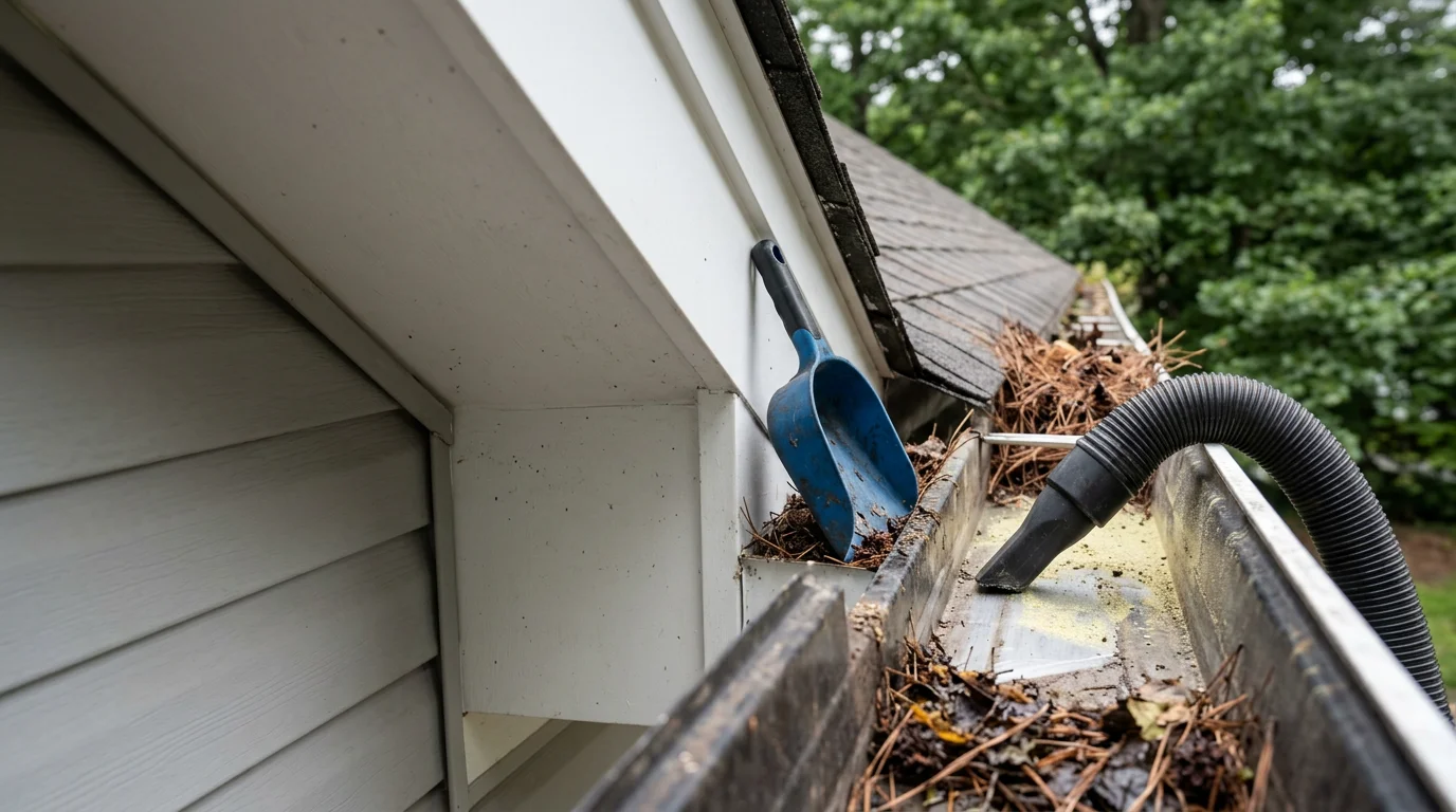 A technician removing wet leaves and pine needle debris from a residential gutter trough on a suburban Metro Atlanta home. The downspout is being flushed to restore clear water flow away from the home's foundation.