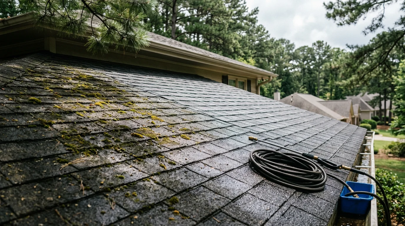 Close-up view of green moss growth on dark asphalt shingles on a residential roof in Metro Atlanta, Georgia. A roofing professional applies a low-pressure treatment to clear the moss without disturbing the surrounding shingle surface.