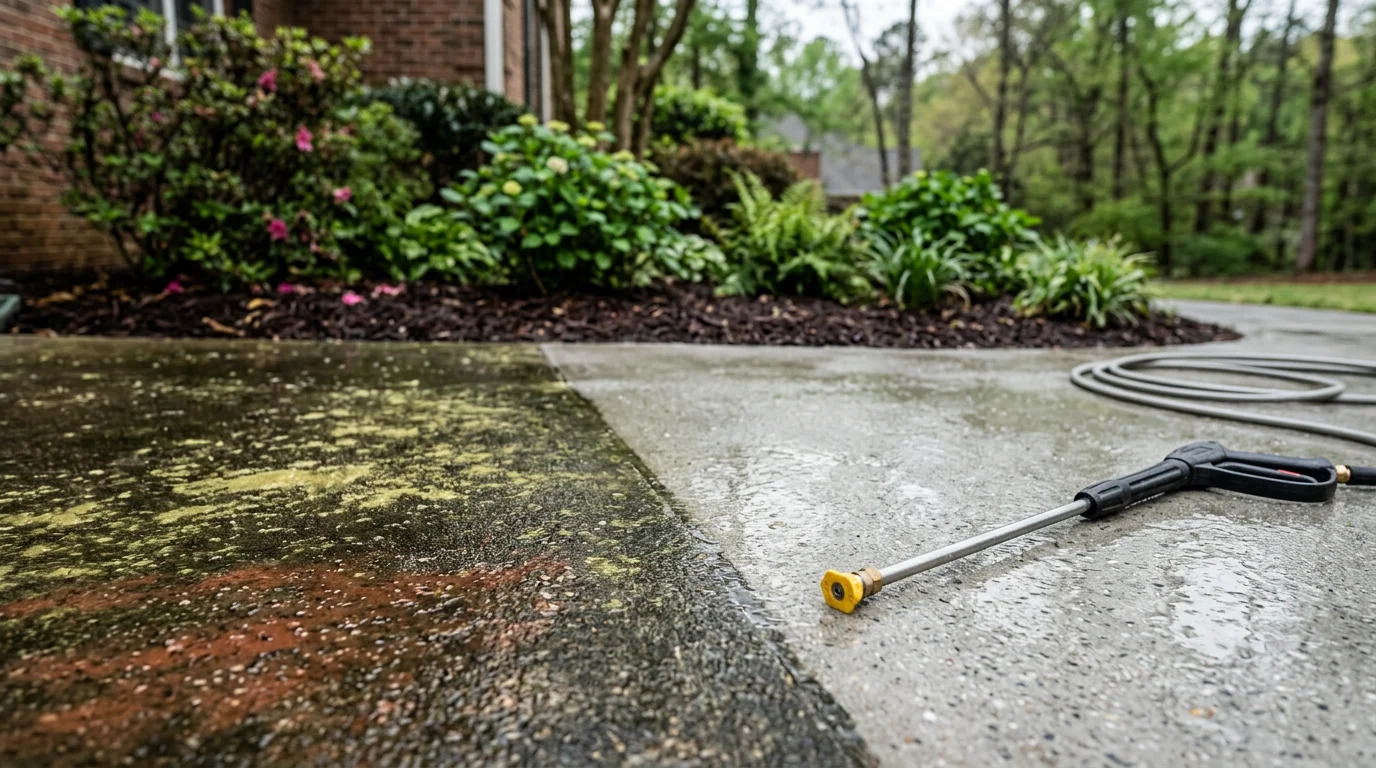 A concrete patio in Metro Atlanta shown after professional cleaning, with algae and clay staining removed from the surface. The cleaned patio is dry, even in color, and ready for outdoor use.
