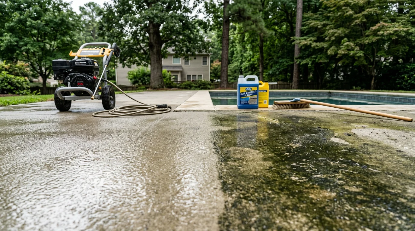 A freshly cleaned residential pool deck in Metro Atlanta with no visible algae, staining, or discoloration on the concrete surface surrounding the pool. The wet deck shows even color and clear grout lines after professional pool deck cleaning service.
