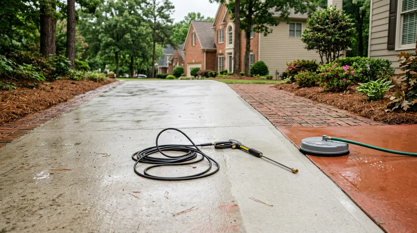 A concrete driveway in a Buford, Georgia residential neighborhood being pressure washed, showing a clean strip of surface next to red clay and algae staining. A pressure washing wand directs a focused stream of water across the stained concrete.