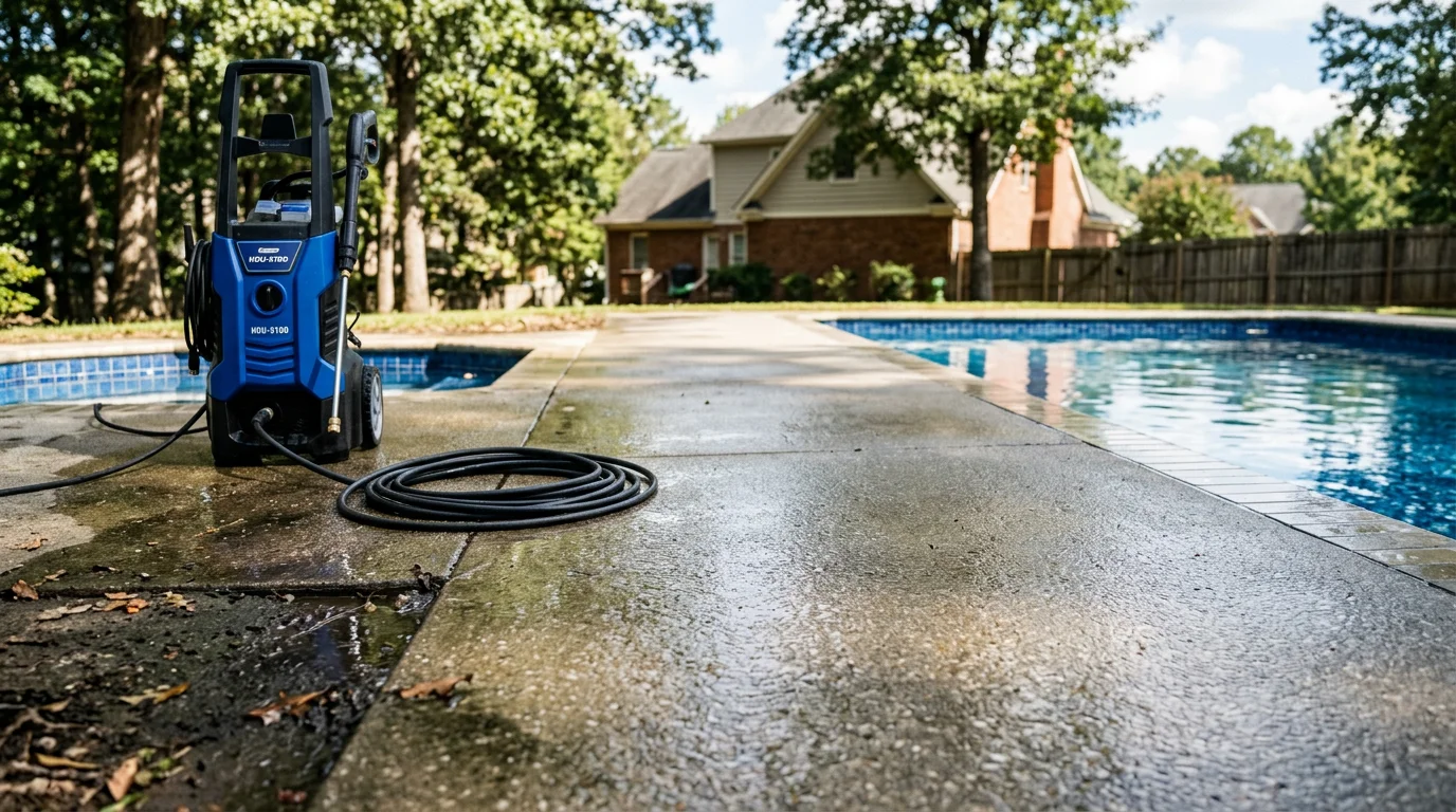 A clean outdoor recreational area surrounding a residential pool in Metro Atlanta, with cleared surfaces and no visible debris or pollen buildup. The space is tidy and ready for use after professional cleaning by Lucas Management LLC.