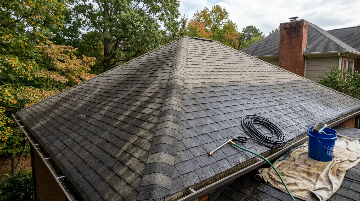 A residential roof in Buford, Georgia shown after soft wash cleaning, with dark algae streaks and moss removed from the shingles. The cleaned surface reveals the original shingle color against a backdrop of North Georgia tree cover.