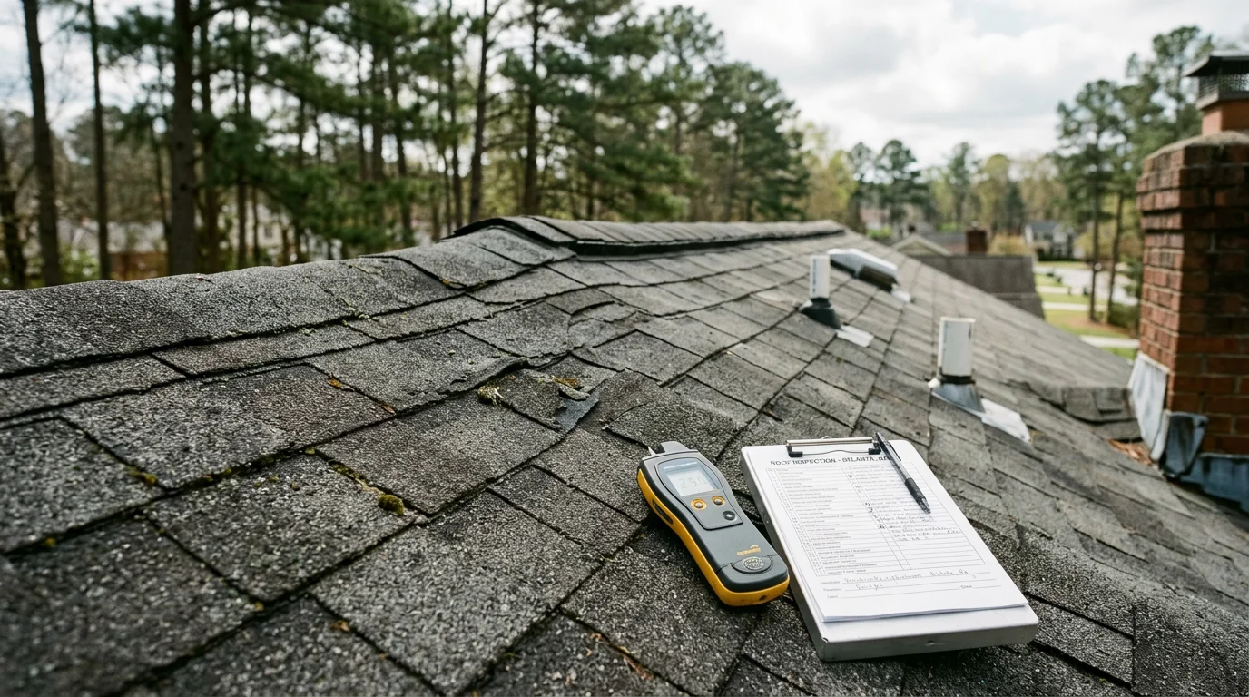 A roofing contractor inspecting shingles and flashing on a residential home in Metro Atlanta. Close-up view of the roof surface showing the inspection process on a suburban Georgia property.