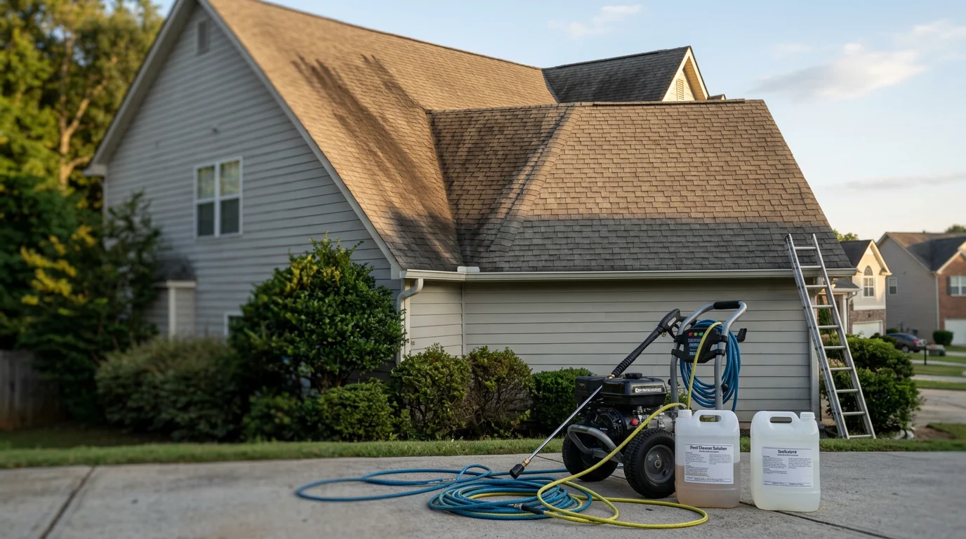 A residential roof in Metro Atlanta with dark algae streaks on asphalt shingles being treated with a low-pressure soft wash cleaning process. The before-and-after contrast shows the shingles restored to their original color after professional roof washing.