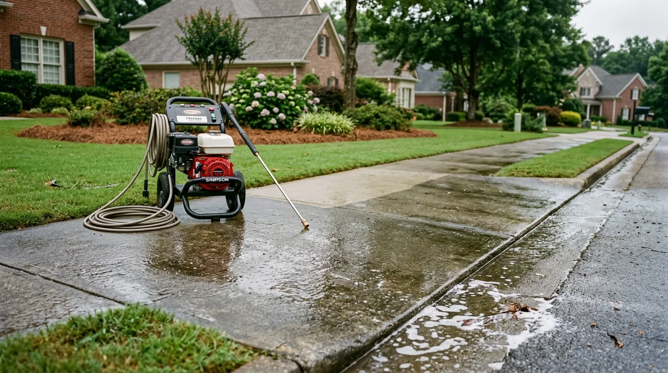 A concrete residential sidewalk in Metro Atlanta before and after professional pressure washing, showing dark algae and organic staining removed to reveal clean, light-colored concrete. The walkway leads to a suburban home typical of communities like Duluth or Suwanee, Georgia.