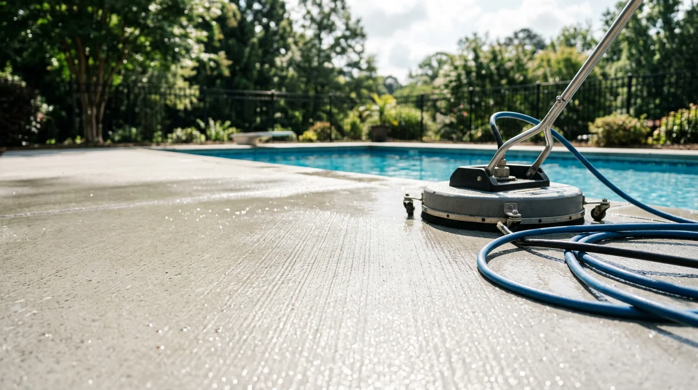 A textured slip-resistant pool surface in Metro Atlanta after professional cleaning, showing restored color and clear grip texture along the pool edge. Surrounding area reflects a residential backyard pool setting typical of communities like Suwanee or Cumming, Georgia.