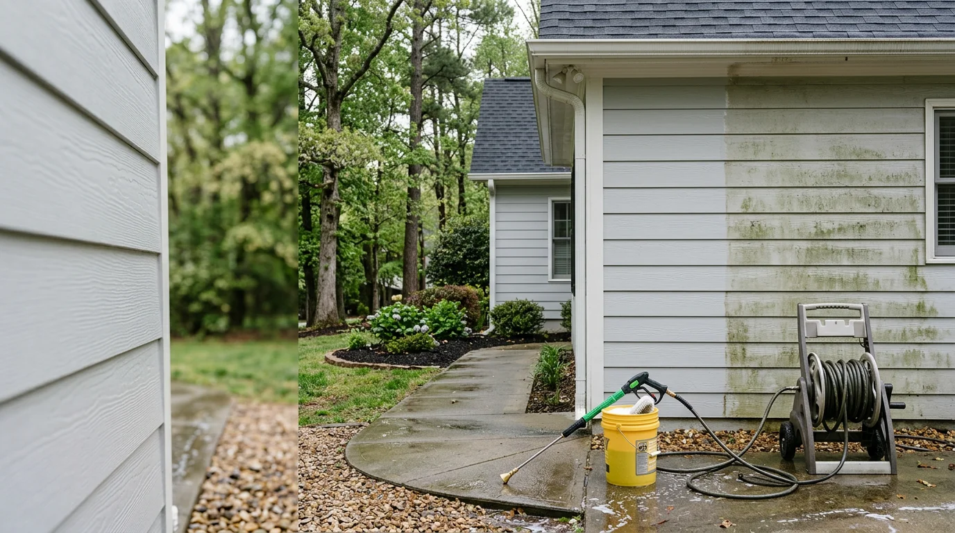 Exterior of a Buford, Georgia home after soft wash cleaning, showing clean siding and roof free of algae streaks and mildew buildup. Low-pressure soft washing applied to a residential property in the Metro Atlanta area.