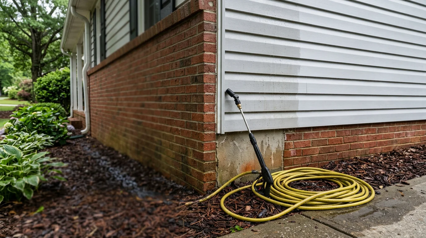A Metro Atlanta home exterior showing clean vinyl siding after professional soft washing service, with no visible algae streaks or mildew discoloration. The home is surrounded by mature trees typical of residential neighborhoods in Gwinnett County.