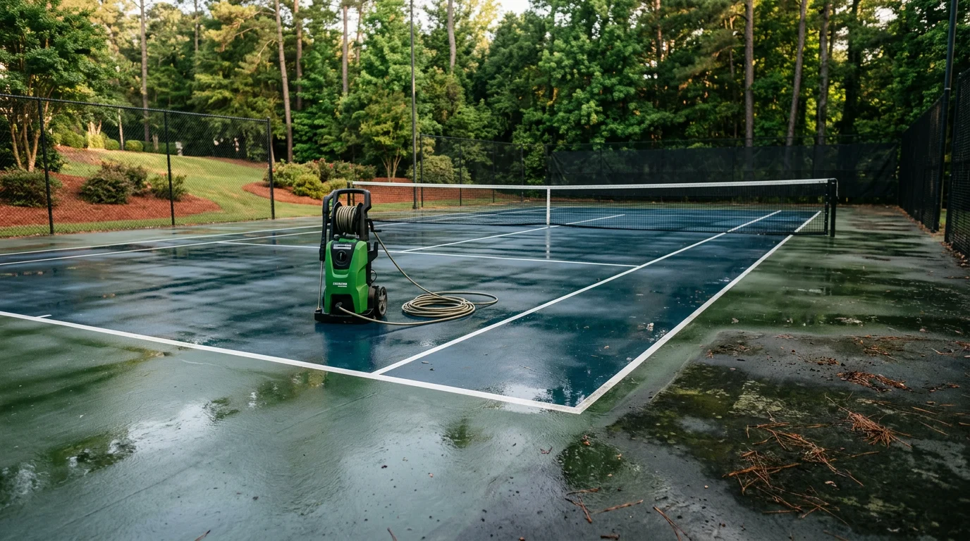 A freshly cleaned hard tennis court with bright painted lines and no algae or staining, located at a residential property in Metro Atlanta. The surface is dry and clear of debris after professional cleaning.