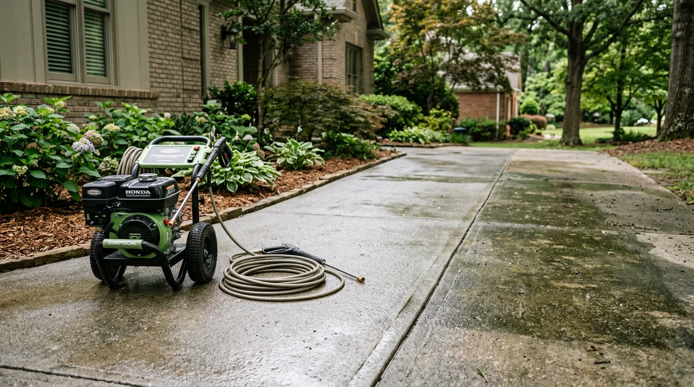 A concrete walkway leading to a residential front entry in Metro Atlanta, shown after professional cleaning with algae, mildew, and dirt removed from the surface. The cleaned concrete appears uniform in color with visible texture restored along the path.